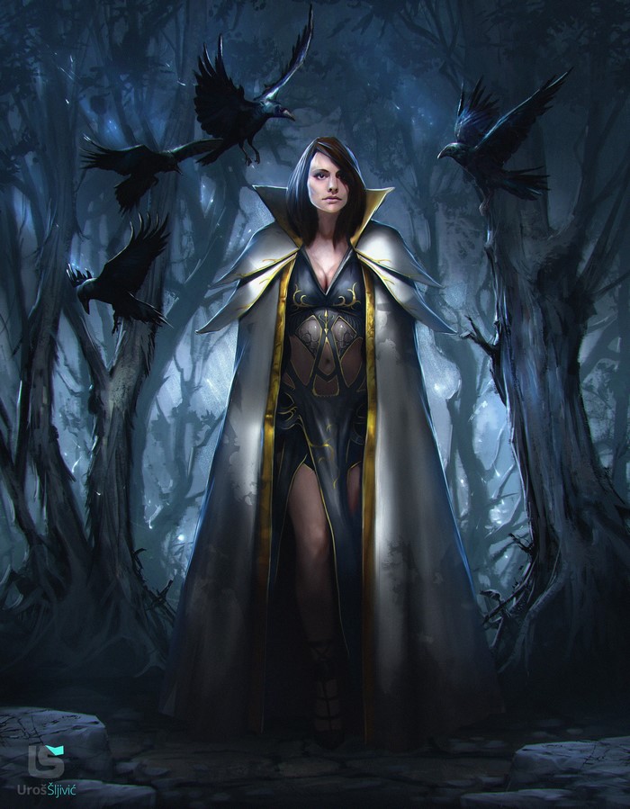 Woman in a cape with crows in a forest