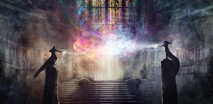 Epic Magical Duel Between Two Wizards in Dark Cathedral