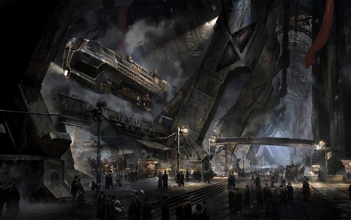 Steampunk city with a futuristic airship and crowds