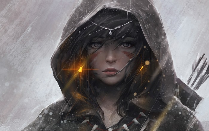 Digital art of an archer girl with a hood
