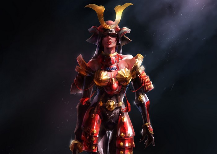 Fantasy Samurai Woman in Red and Gold Armor