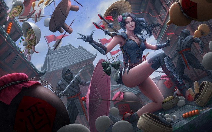 Fantasy art of a female warrior fighting ninjas in a market