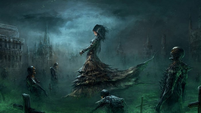 Creepy woman in a dark cemetery with zombies