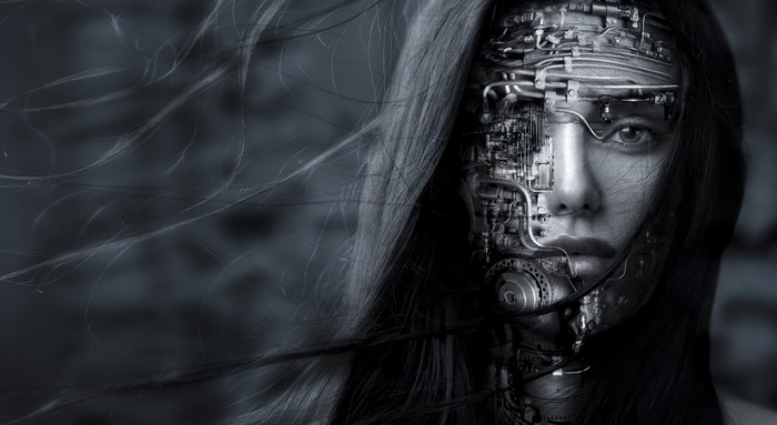 Monochrome portrait of a cyborg woman with mechanical face
