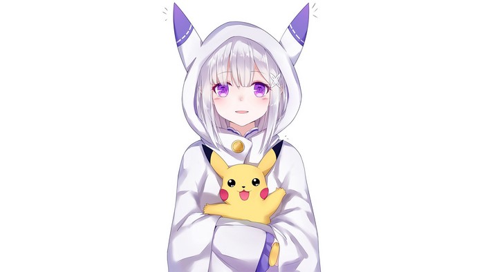 Emilia from Re:Zero holding Pikachu