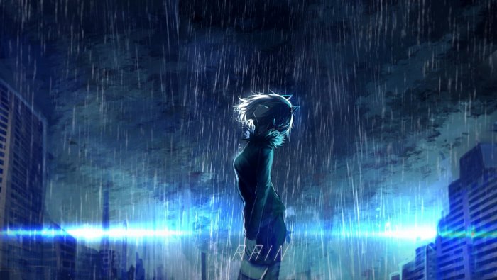 Anime girl standing in the rain at night