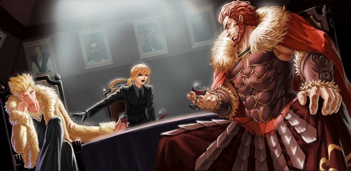 Fate/Zero Saber, Gilgamesh, and Rider in a room