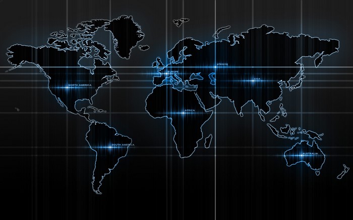 World map with glowing continents and grid lines