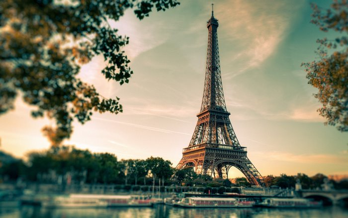 Eiffel Tower with Boats on River Seine, Paris