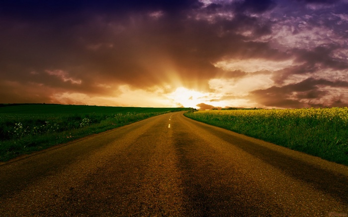 Road through fields at sunset with dramatic clouds