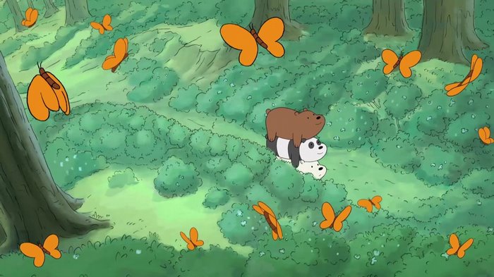 We Bare Bears in a forest with butterflies