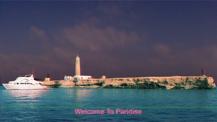 Yacht and Lighthouse on Island with "Welcome To Paradise" Text