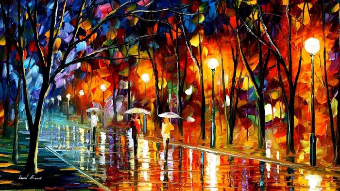 Painting of a park at night with people and streetlights