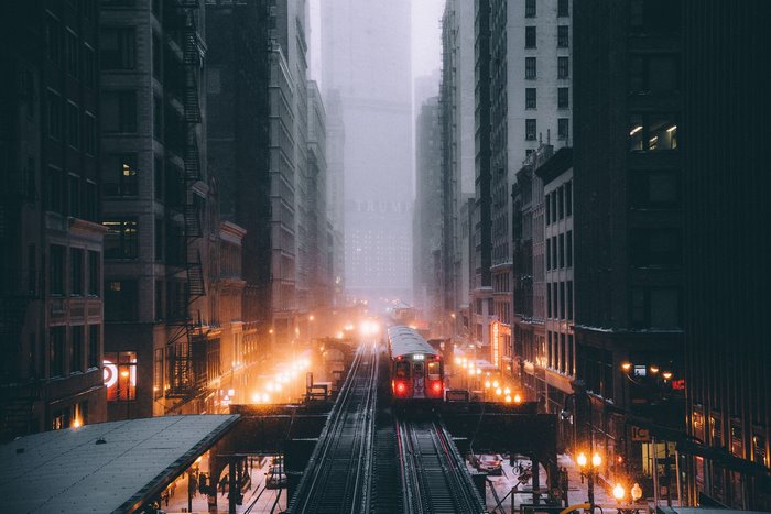 Chicago elevated train in snow at night