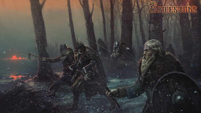 Ancestors video game Vikings in a snowy forest