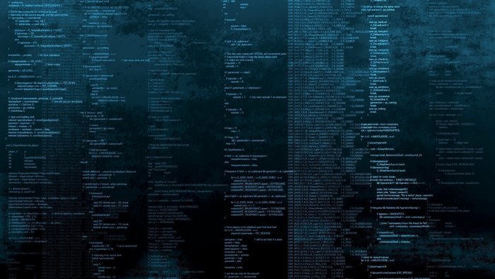 Computer code on a dark, textured background
