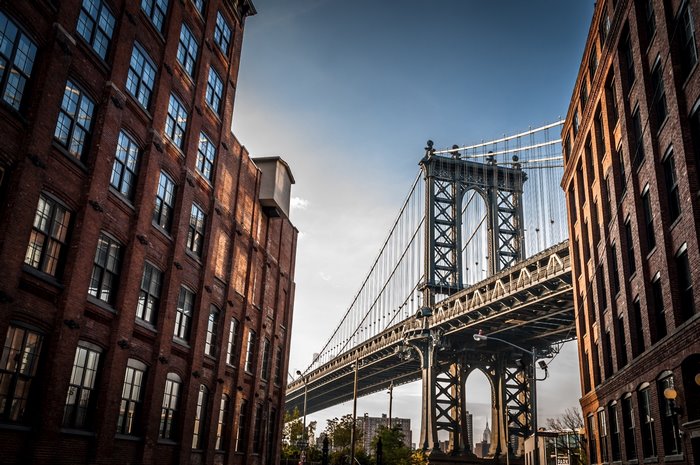 Manhattan Bridge and old brick buildings in New York City