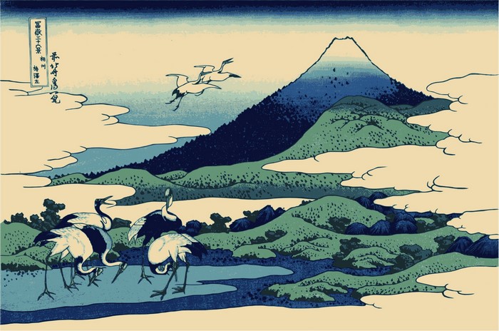 Cranes and Mount Fuji by Hokusai