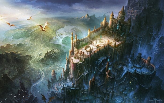 Castle with dragons flying over a fantasy landscape