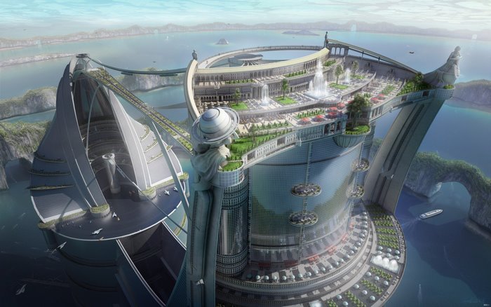 Futuristic city on the water with advanced architecture