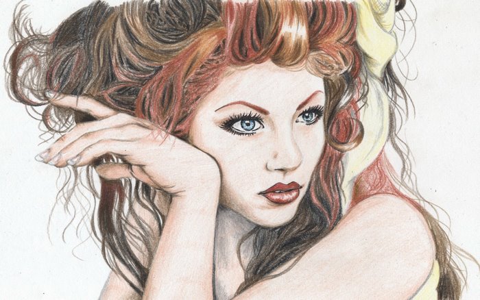 Artwork of a woman with red hair and blue eyes