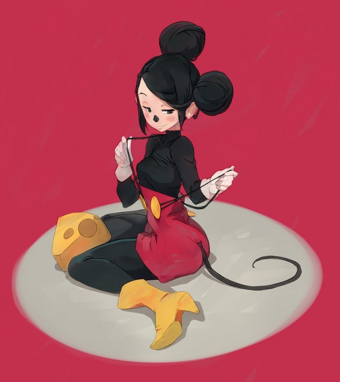Stylized Girl Wearing Mickey Mouse Outfit with Cheese