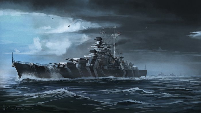 Battleship Bismarck in the Atlantic Ocean during a storm