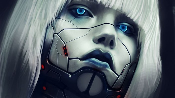 Close-up of a female cyborg with blue eyes