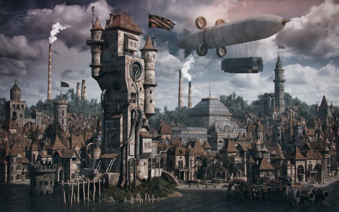 Steampunk town with zeppelin and factories