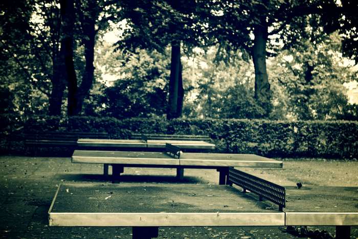 Outdoor ping pong tables in a park
