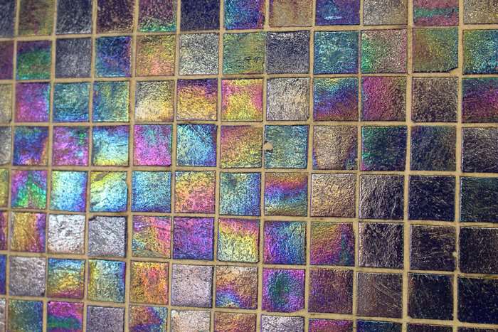 Iridescent mosaic tiles with gold grout