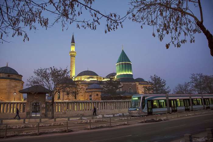 Mevlana Museum and tram in Konya 4K