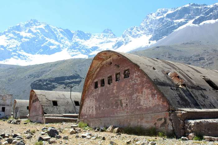 Abandoned military base in mountains with snow