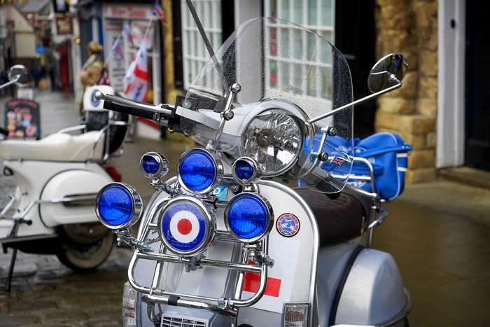 Vintage scooter with Union Jack and blue lights