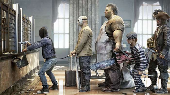Robbers in a bank with various weapons