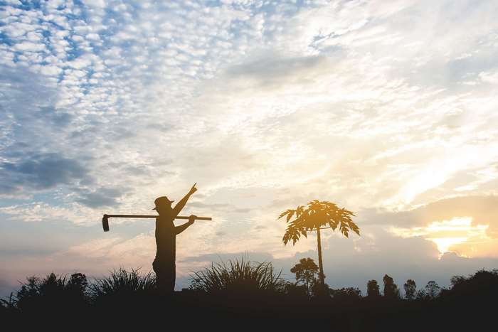 Farmer pointing at the sunset with a hoe