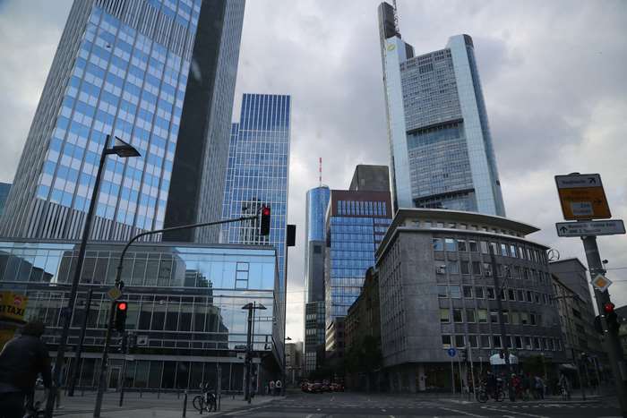Frankfurt financial district skyline with traffic lights