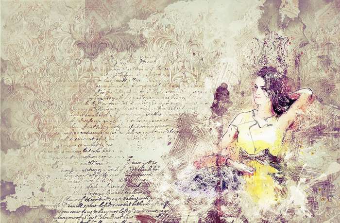 Vintage woman in yellow dress with handwritten script background