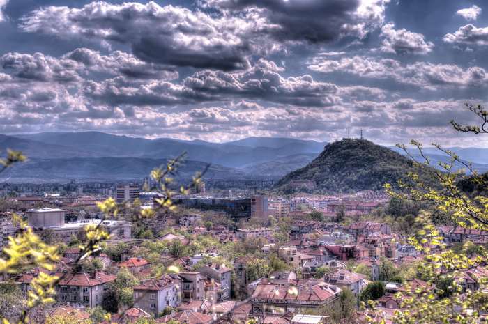 Plovdiv cityscape with hills and clouds