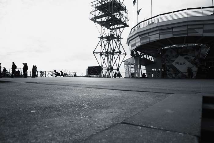 People and motorcycles on a pier in Scheveningen, Holland