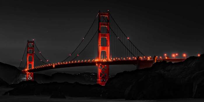 Golden Gate Bridge illuminated at night