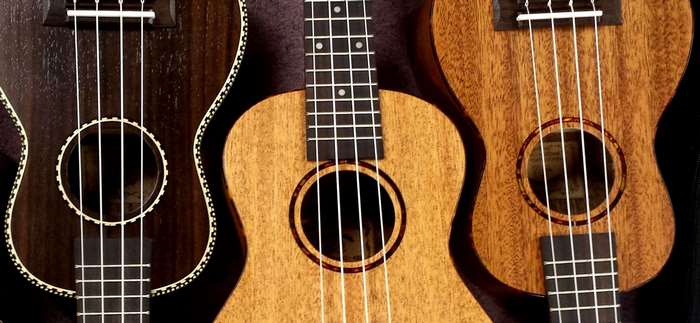 Three ukuleles with dark and light wood finishes