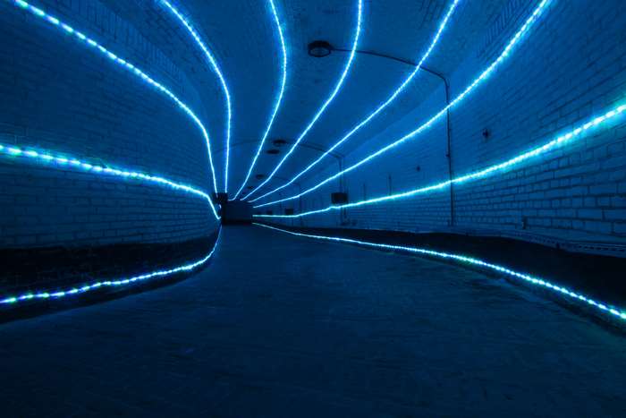 Blue LED lights in a tunnel