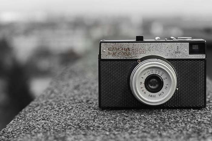 Smena 8M analog camera on a textured surface