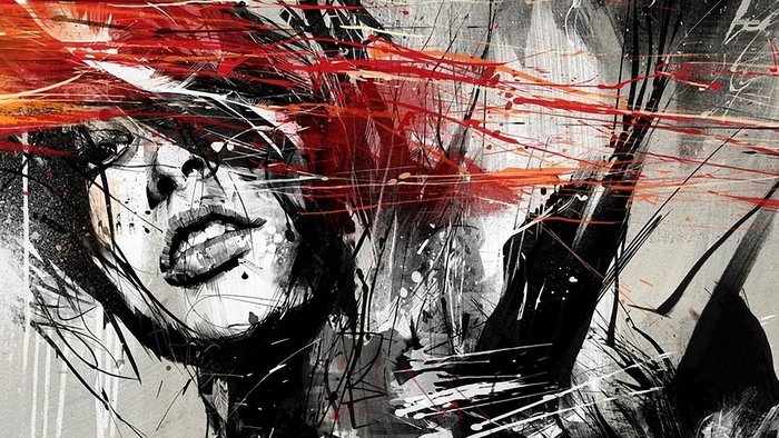 Abstract painting of a woman's face with red and black streaks