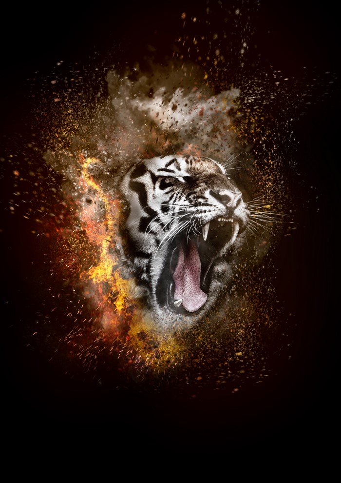 Tiger roaring with fire and particles