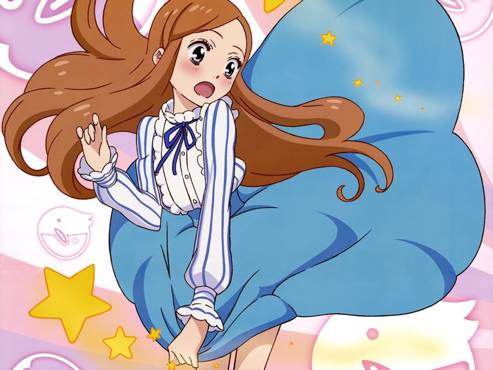 Anime girl in a blue dress with brown hair