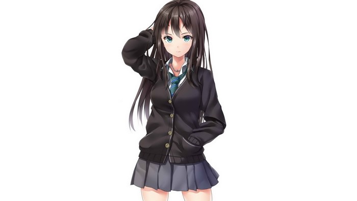 Anime schoolgirl in black cardigan and gray skirt