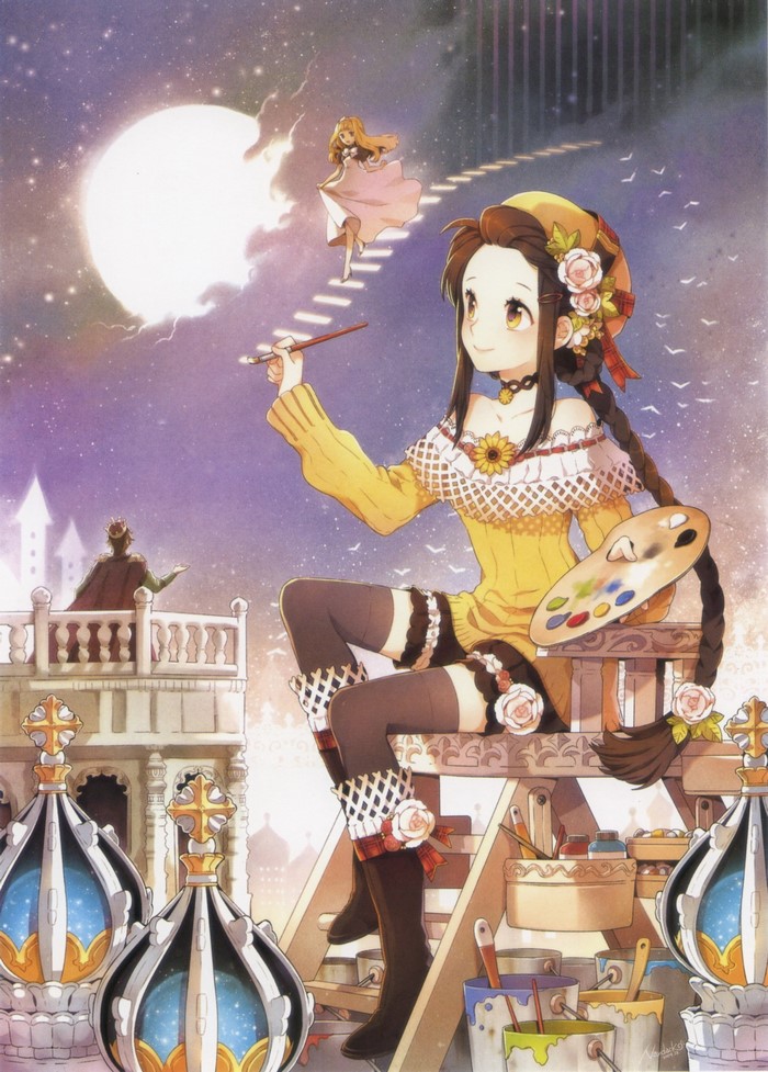 Girl painting a scene with a moon and a princess