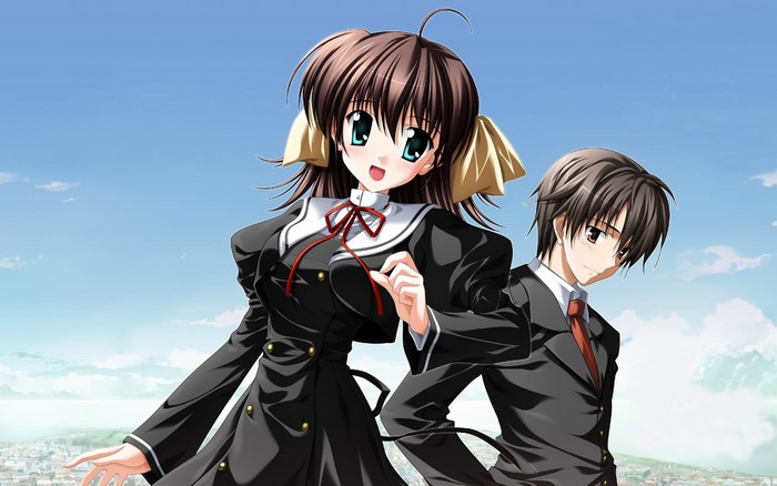 Anime girl and boy in school uniforms